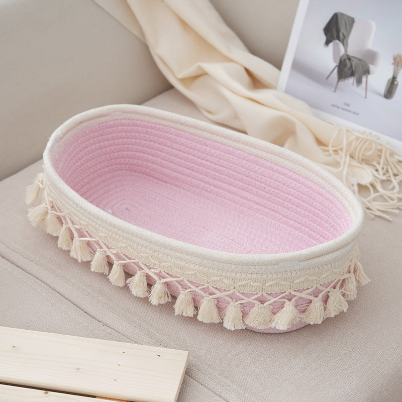 Oval Cotton Rope Storage Basket With Tassels